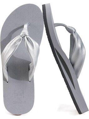 Women's Grey Faux Leather Summer Flip Flops With Arch Support Outdoor Slippers